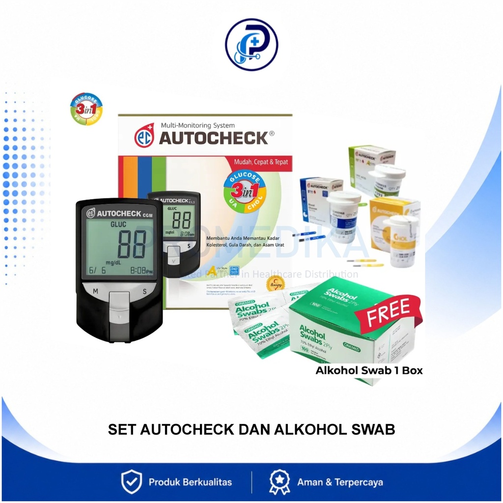 Alat Cek Gula Darah Asam Urat Kolesterol AutoCheck 3in1 Bonus Alkohol Swab